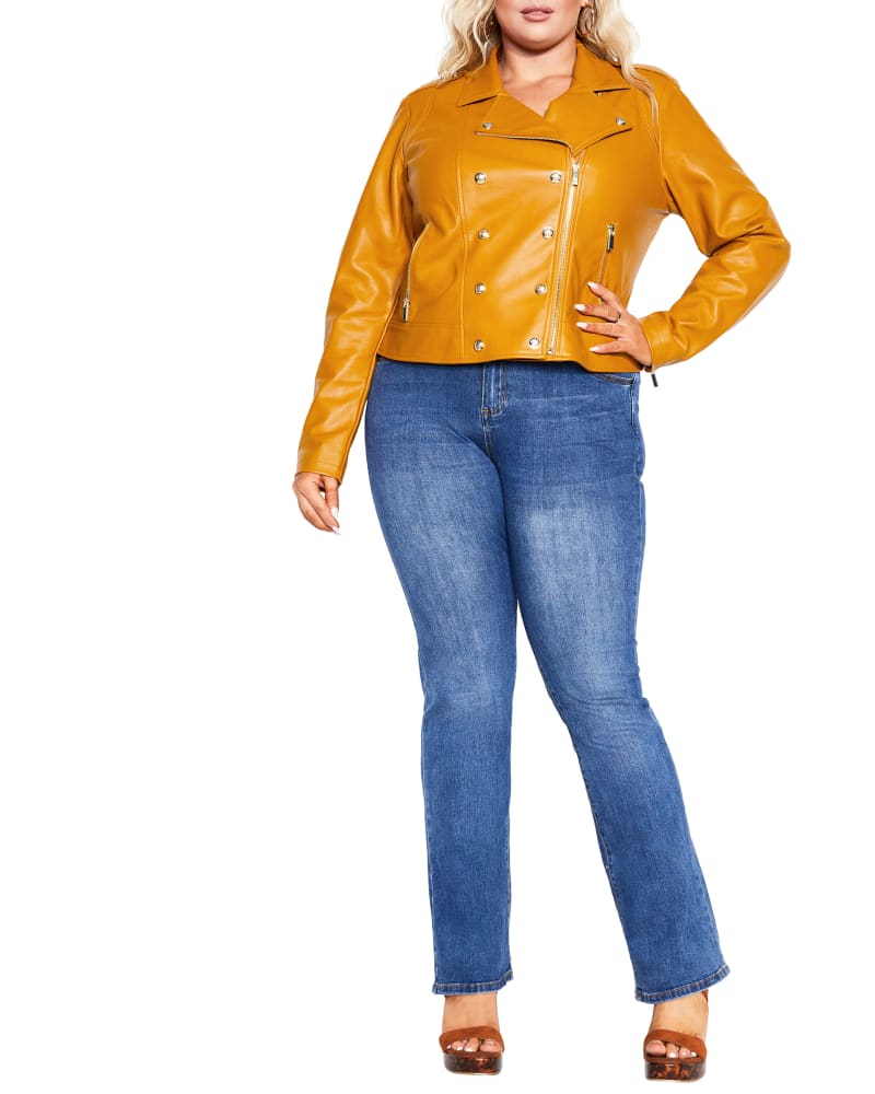 Front of a model wearing a size XL Megan Zip Jacket in Caramel by City Chic. | dia_product_style_image_id:310498